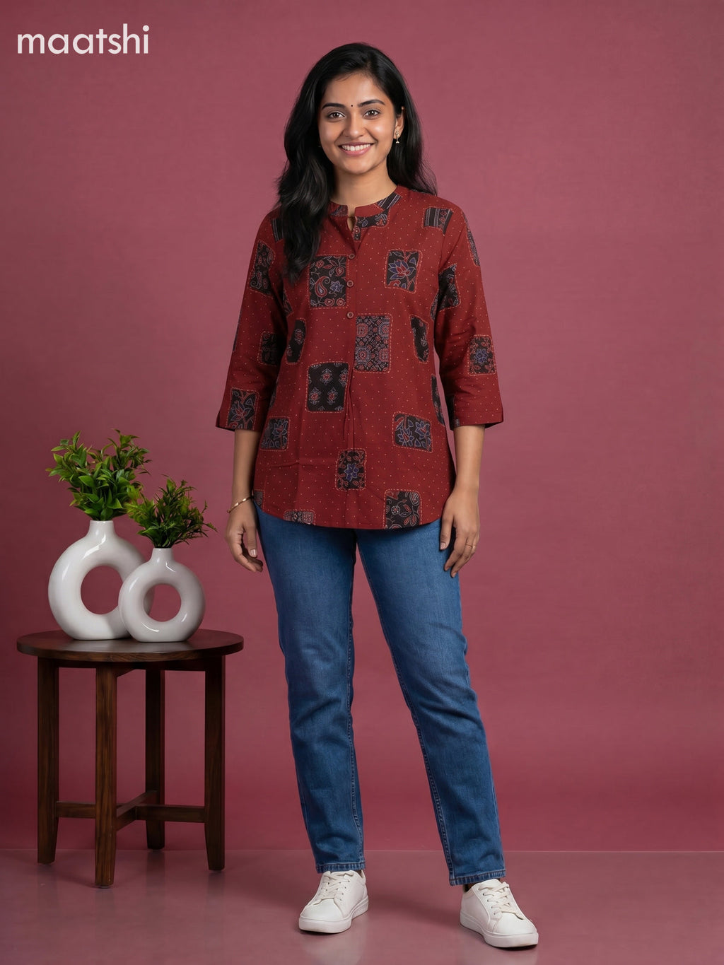 Maroon Cotton Ajrakh Printed Short Kurti