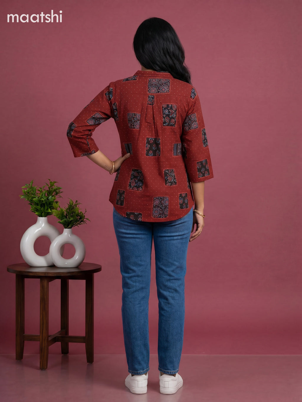 Maroon Cotton Ajrakh Printed Short Kurti