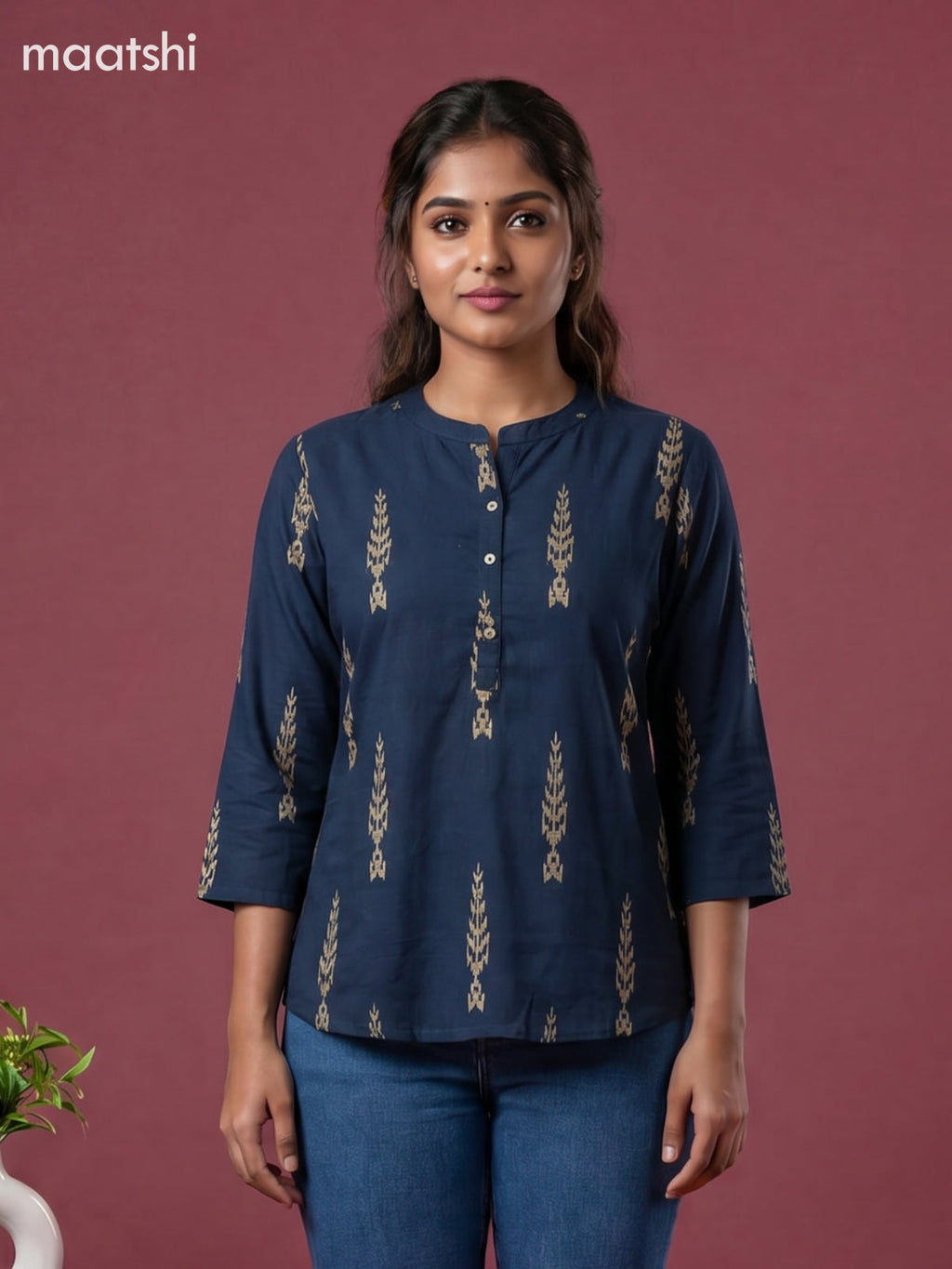 Peacock Blue and Beige Cotton Printed Short Kurti