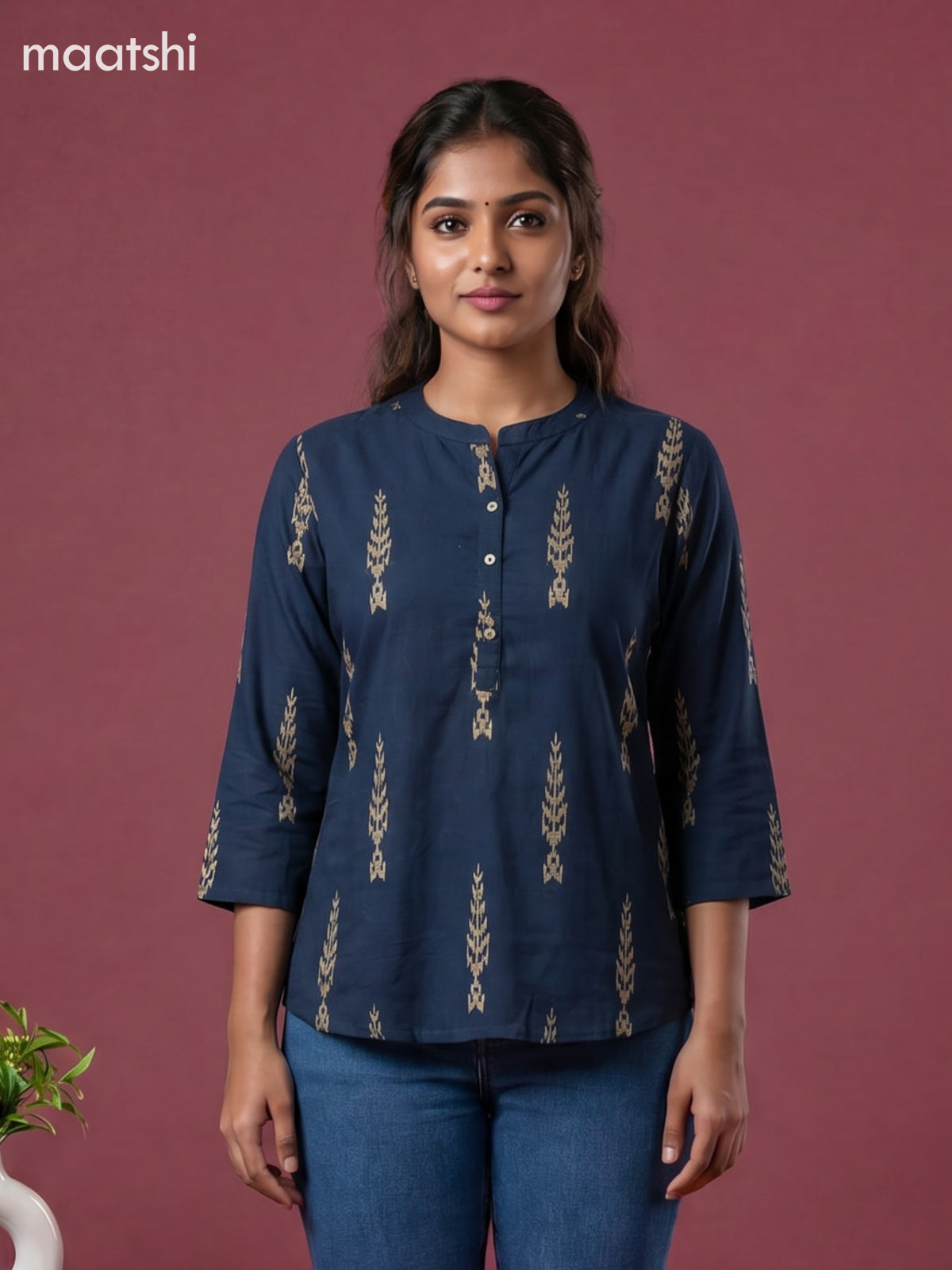 Peacock Blue and Beige Cotton Printed Short Kurti