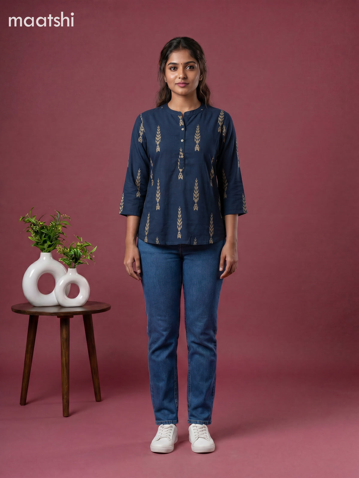 Peacock Blue and Beige Cotton Printed Short Kurti