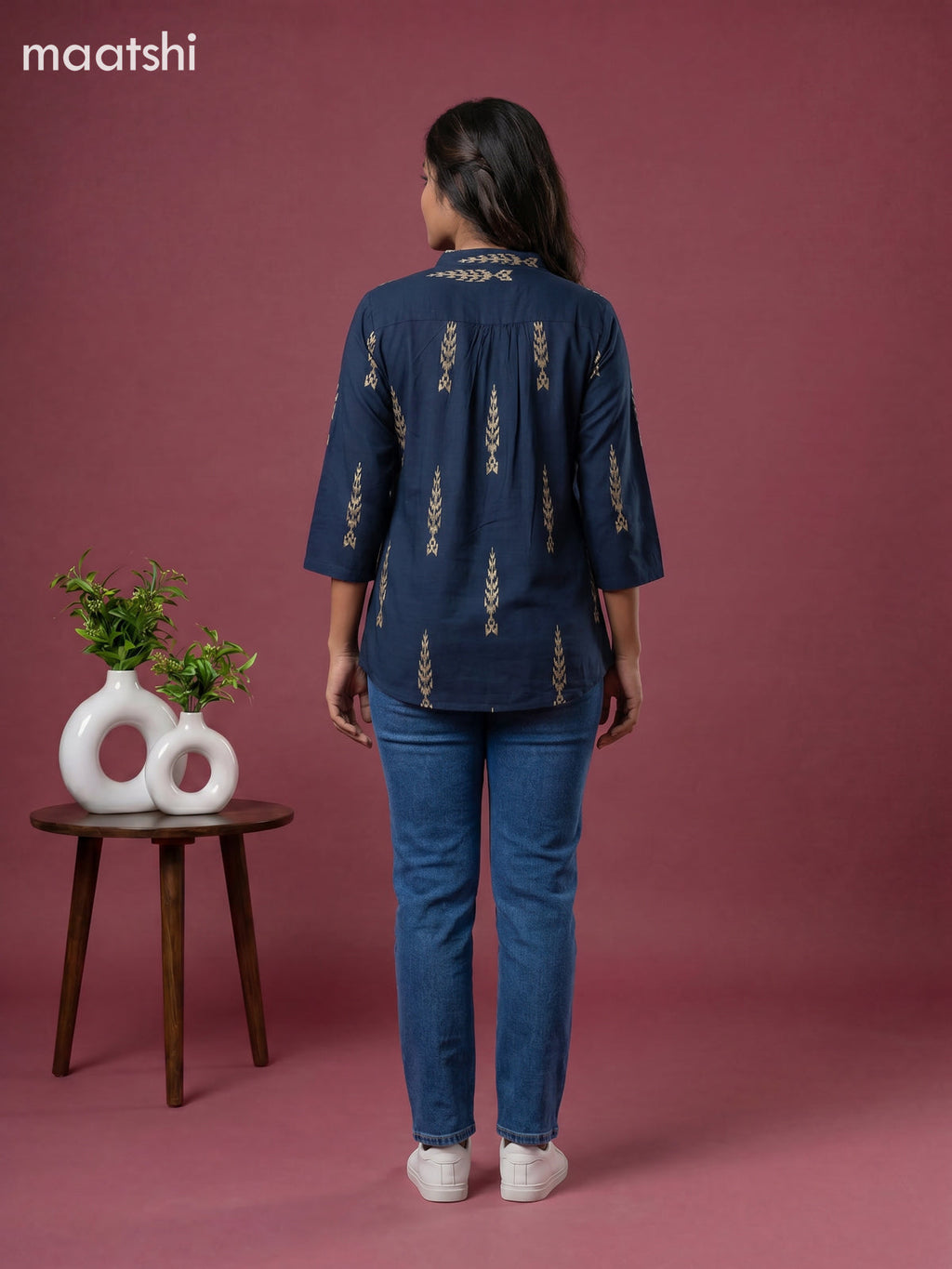 Peacock Blue and Beige Cotton Printed Short Kurti
