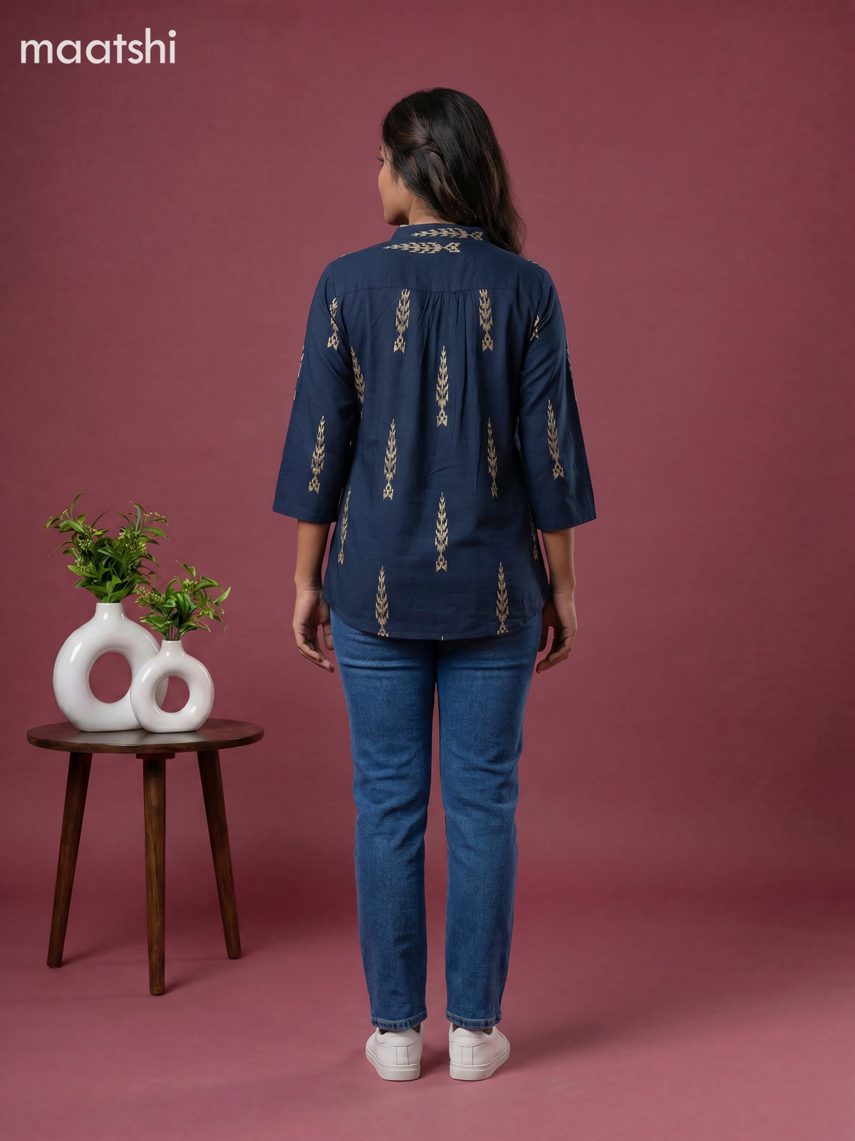 Peacock Blue and Beige Cotton Printed Short Kurti