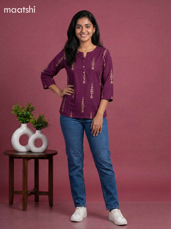 Purple and Beige Cotton Printed Short Kurti