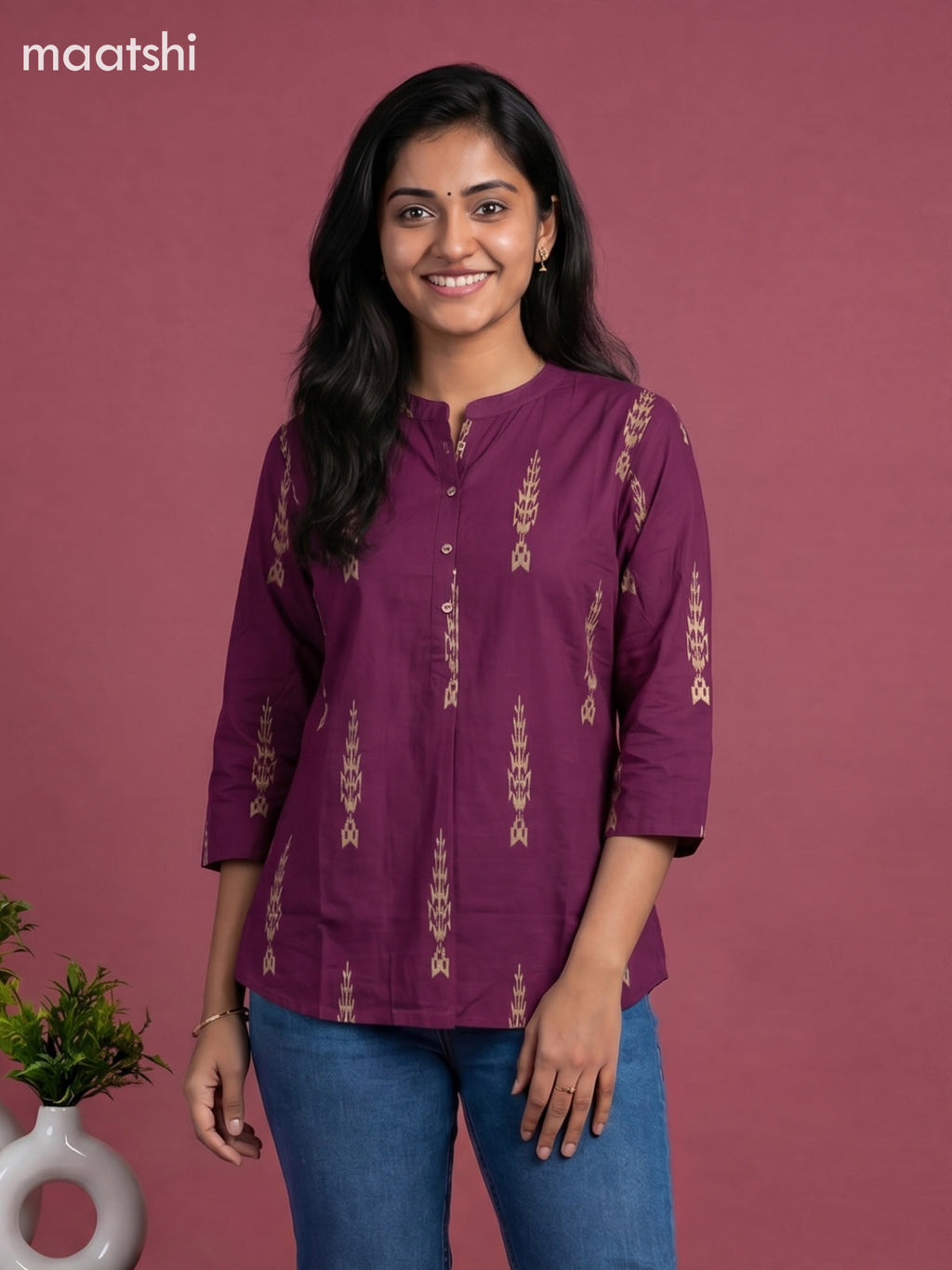 Purple and Beige Cotton Printed Short Kurti