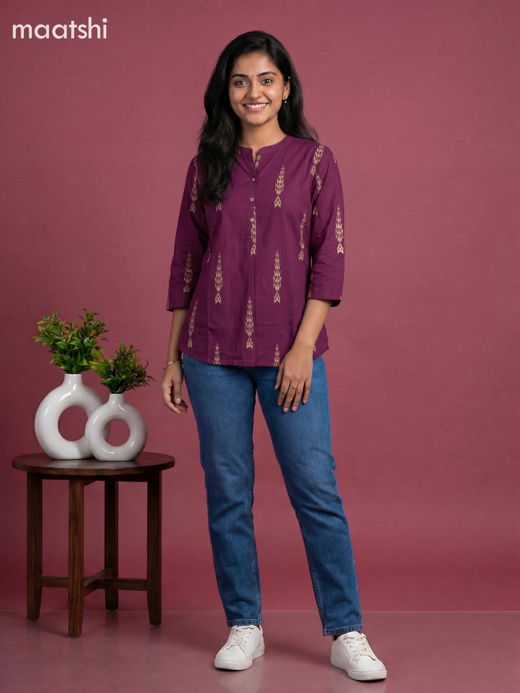 Purple and Beige Cotton Printed Short Kurti