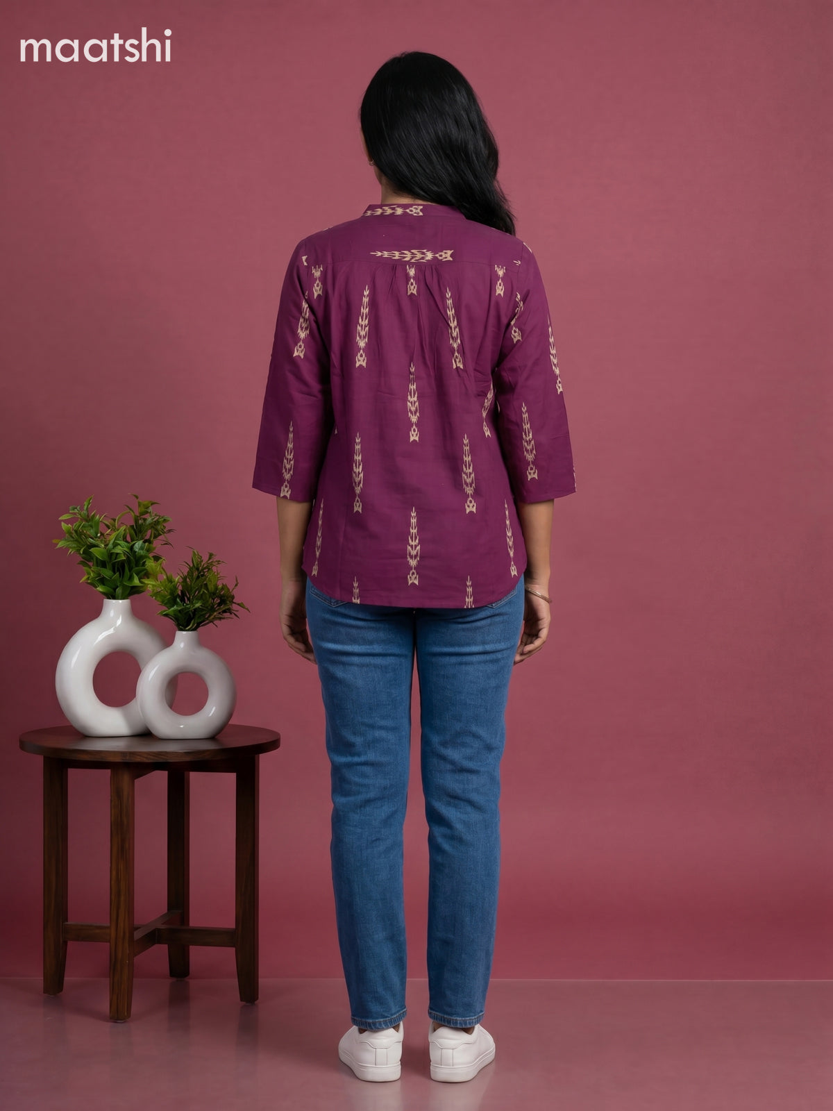 Purple and Beige Cotton Printed Short Kurti