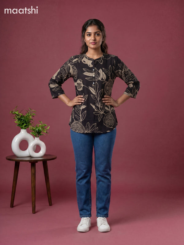 Black Cotton Printed Short Kurti