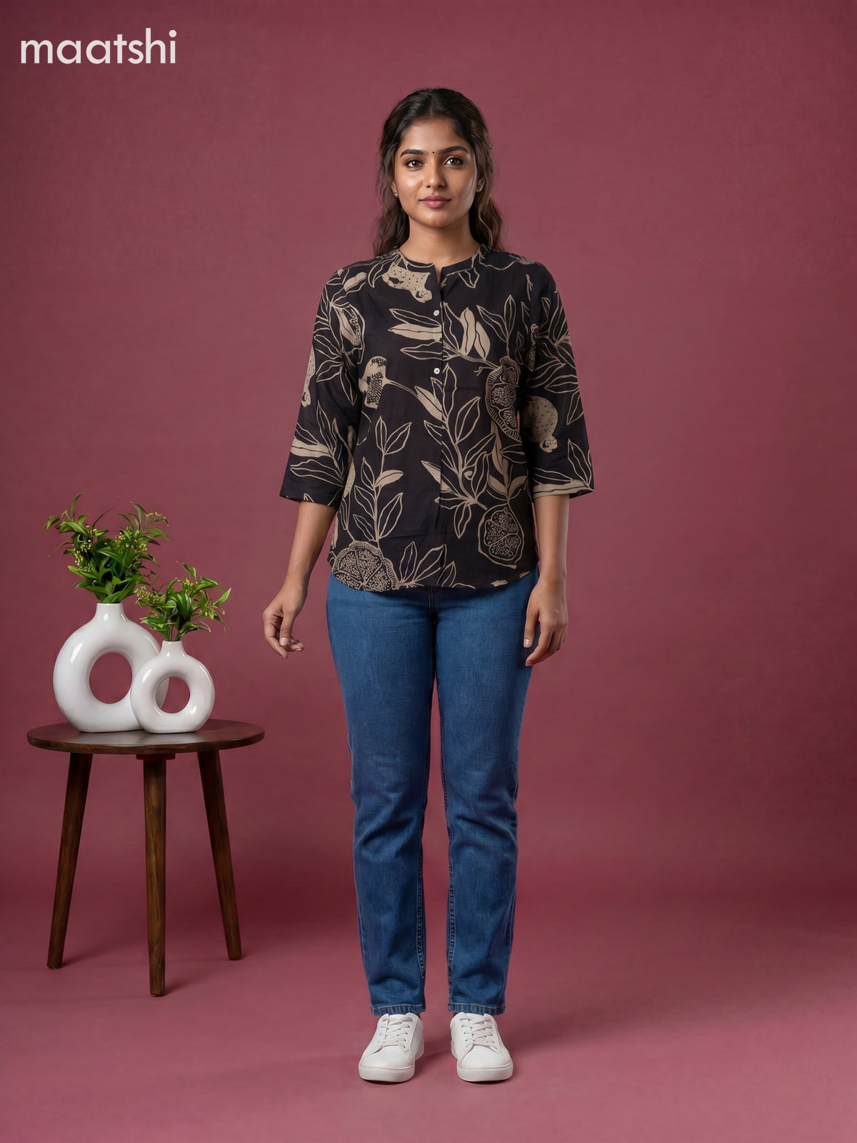 Black Cotton Printed Short Kurti