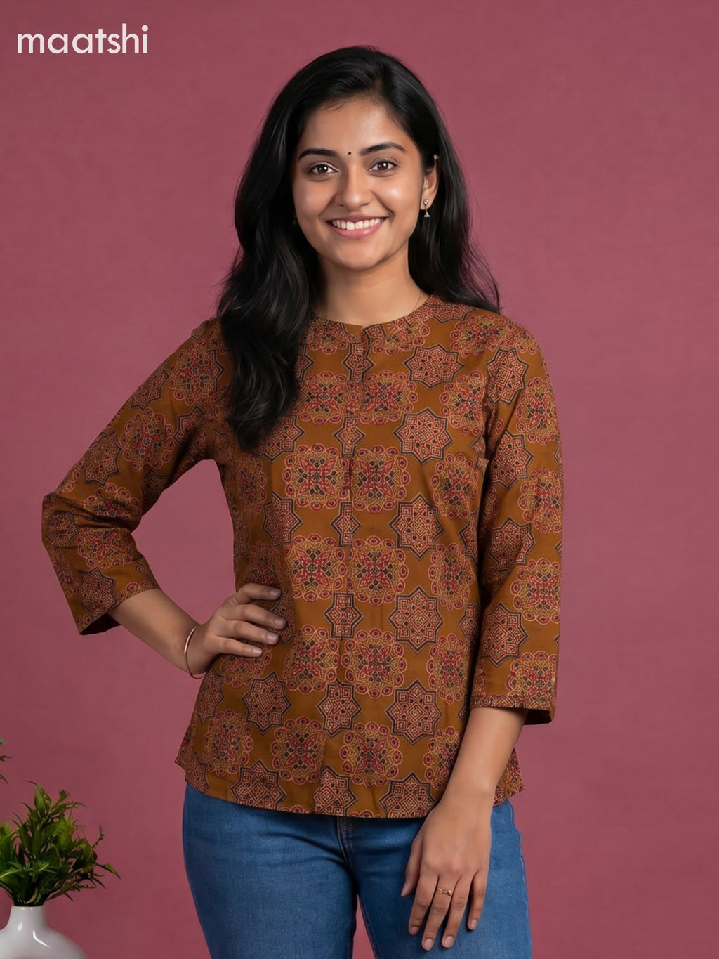 Mustard Yellow Cotton Ajrakh Printed Short Kurti