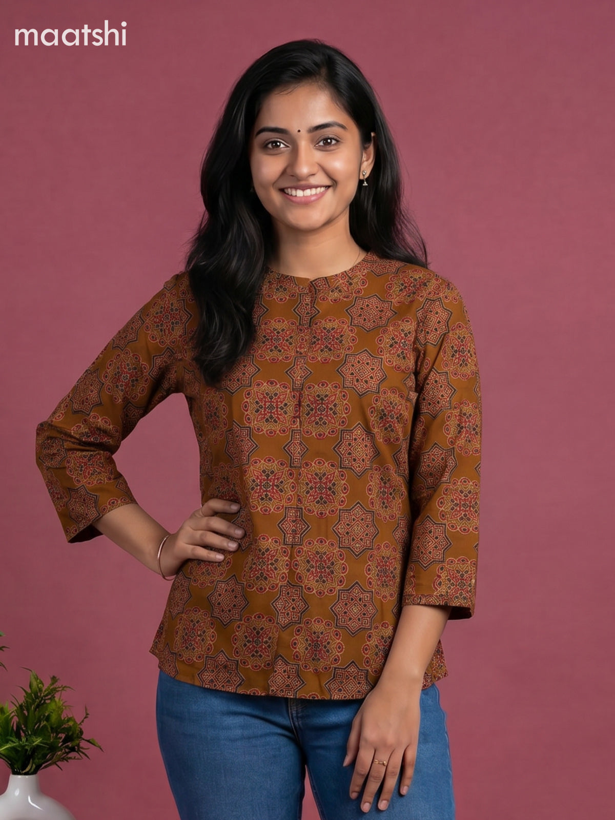 Mustard Yellow Cotton Ajrakh Printed Short Kurti