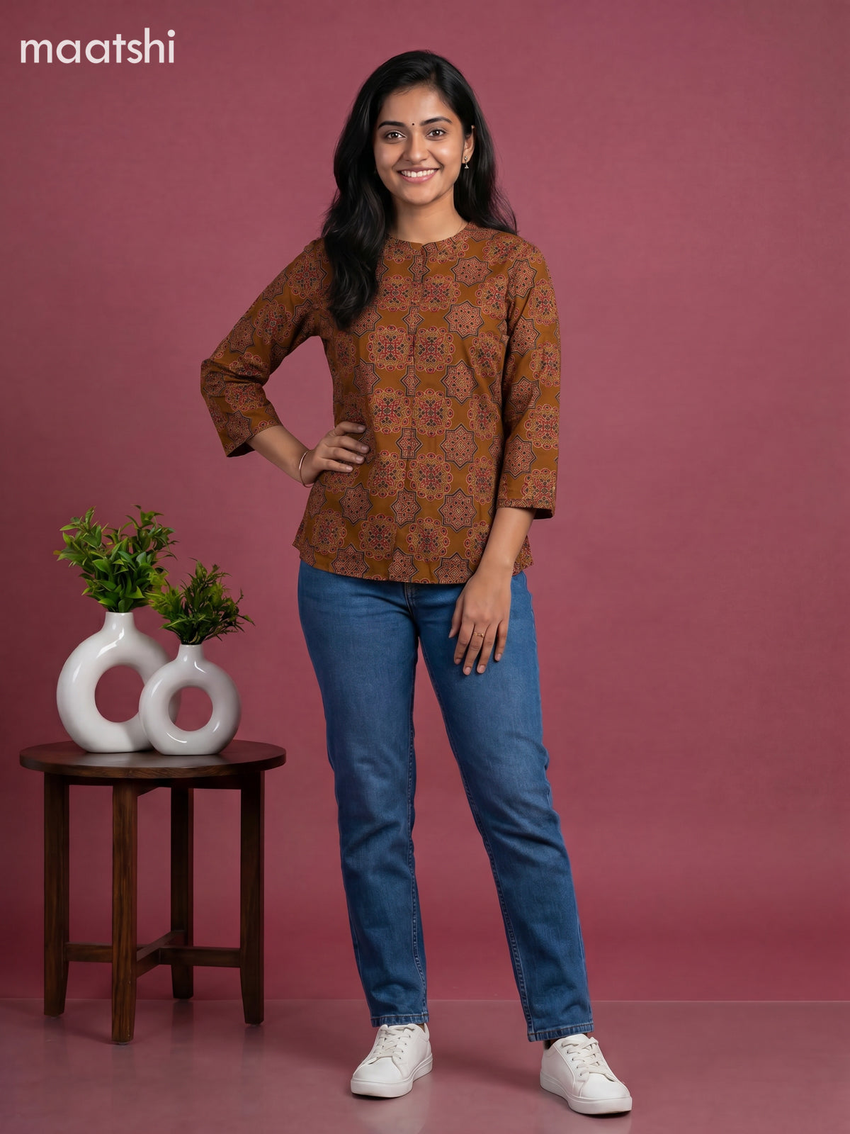 Mustard Yellow Cotton Ajrakh Printed Short Kurti