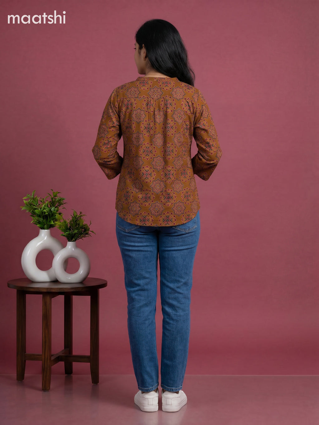 Mustard Yellow Cotton Ajrakh Printed Short Kurti