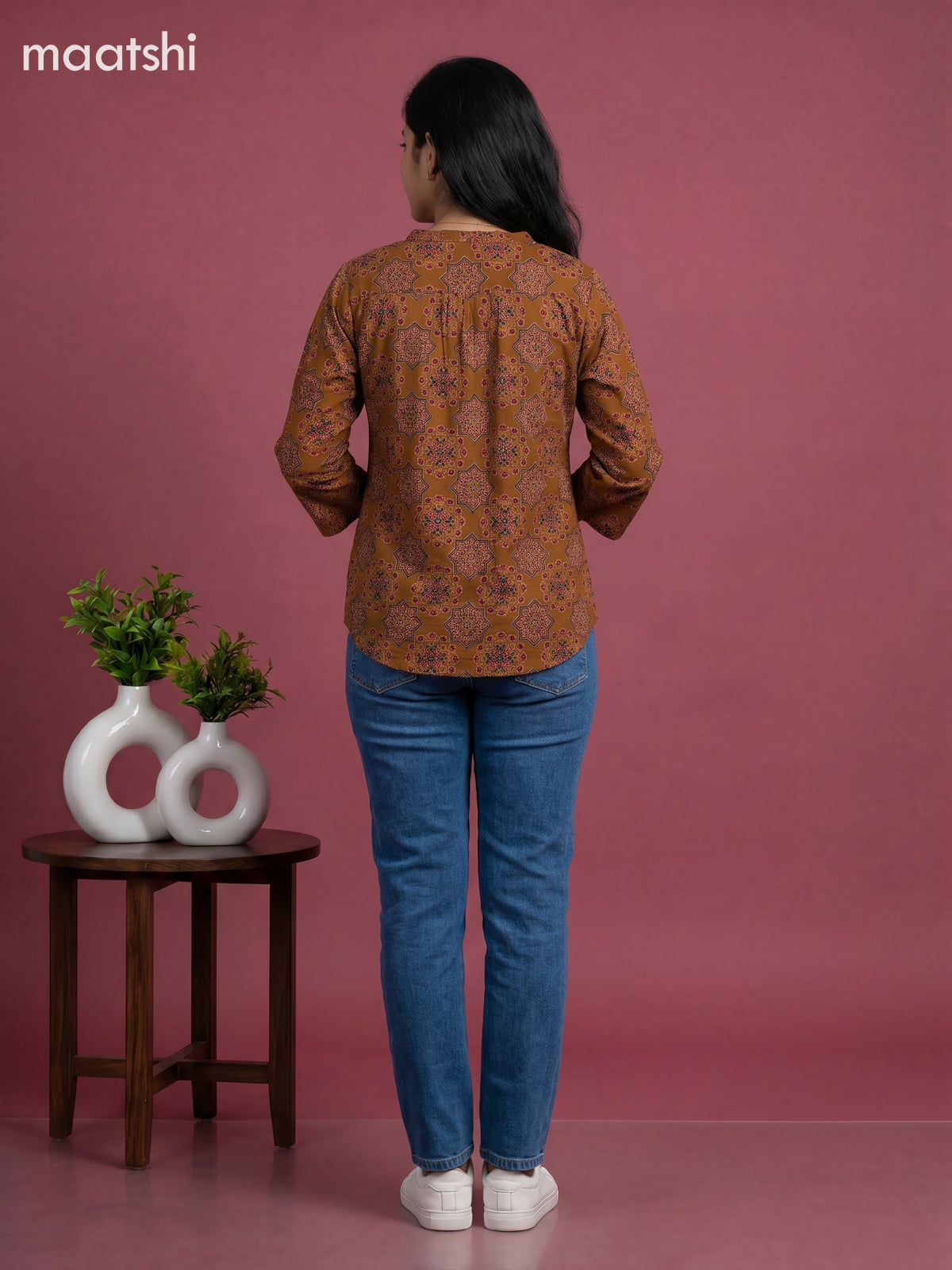 Mustard Yellow Cotton Ajrakh Printed Short Kurti