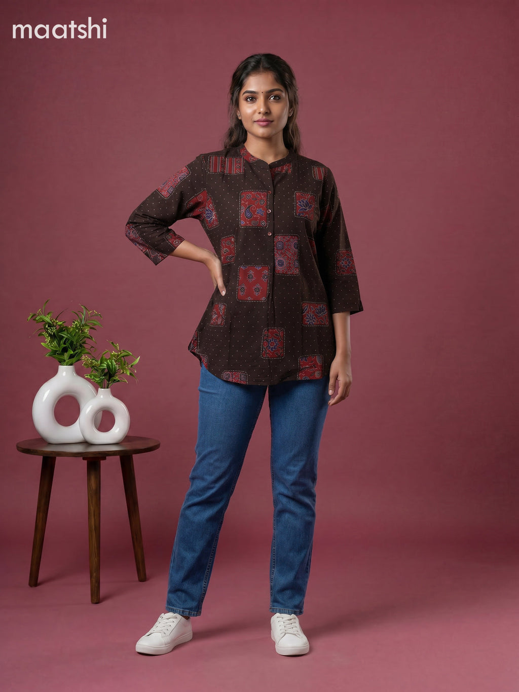 Brown Cotton Ajrakh Printed Short Kurti