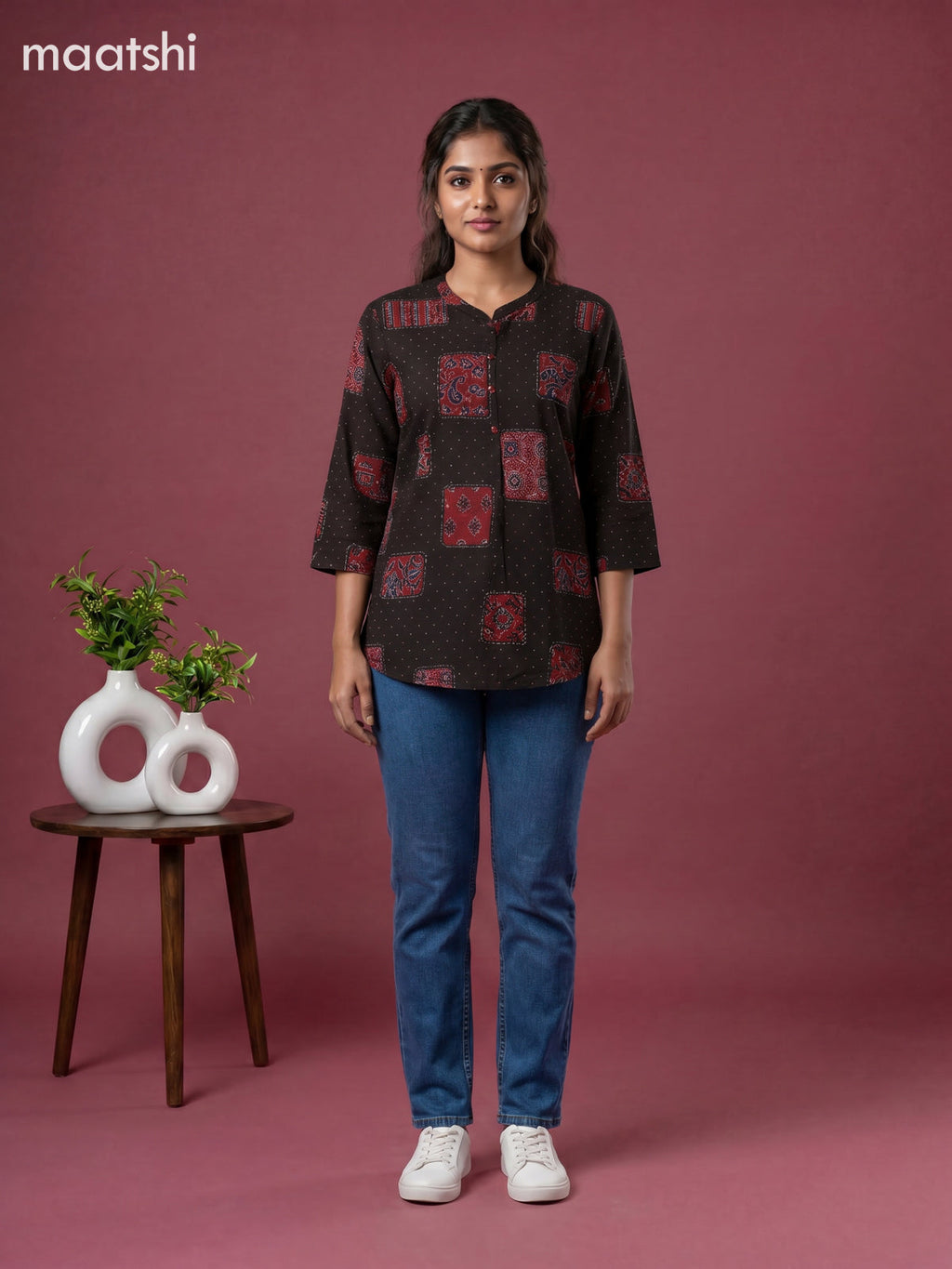 Brown Cotton Ajrakh Printed Short Kurti