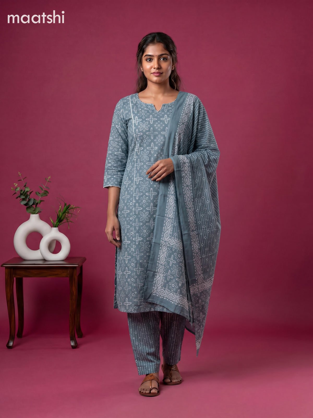 Greyish Blue Cotton Printed Straight Suit
