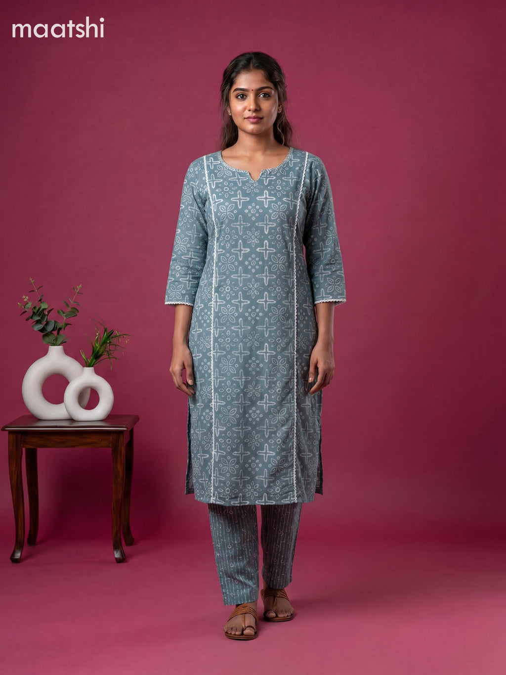 Greyish Blue Cotton Printed Straight Suit