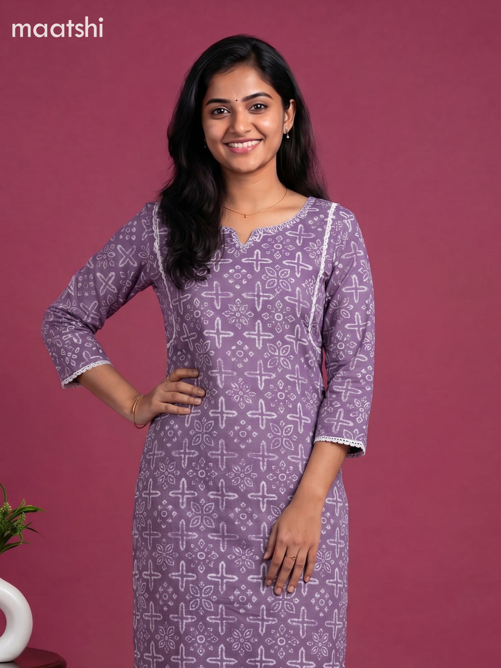 Lavender and Off White Cotton Printed Straight Suit