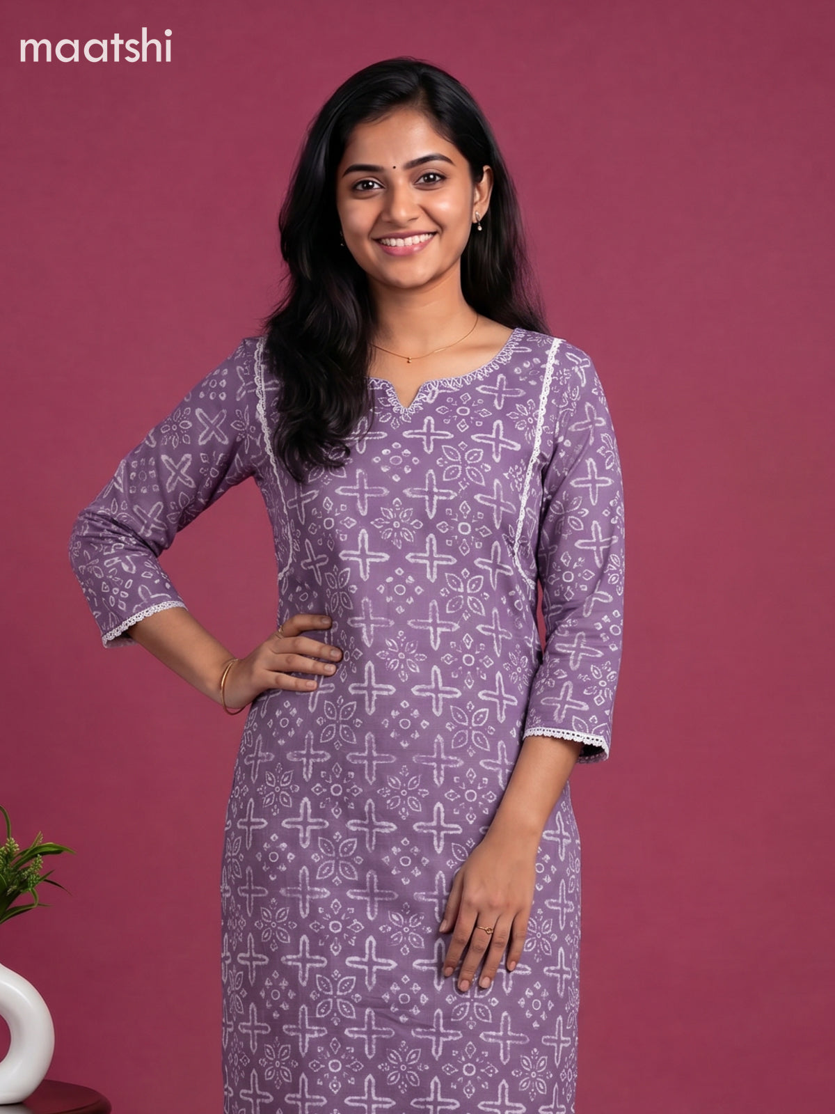 Lavender and Off White Cotton Printed Straight Suit