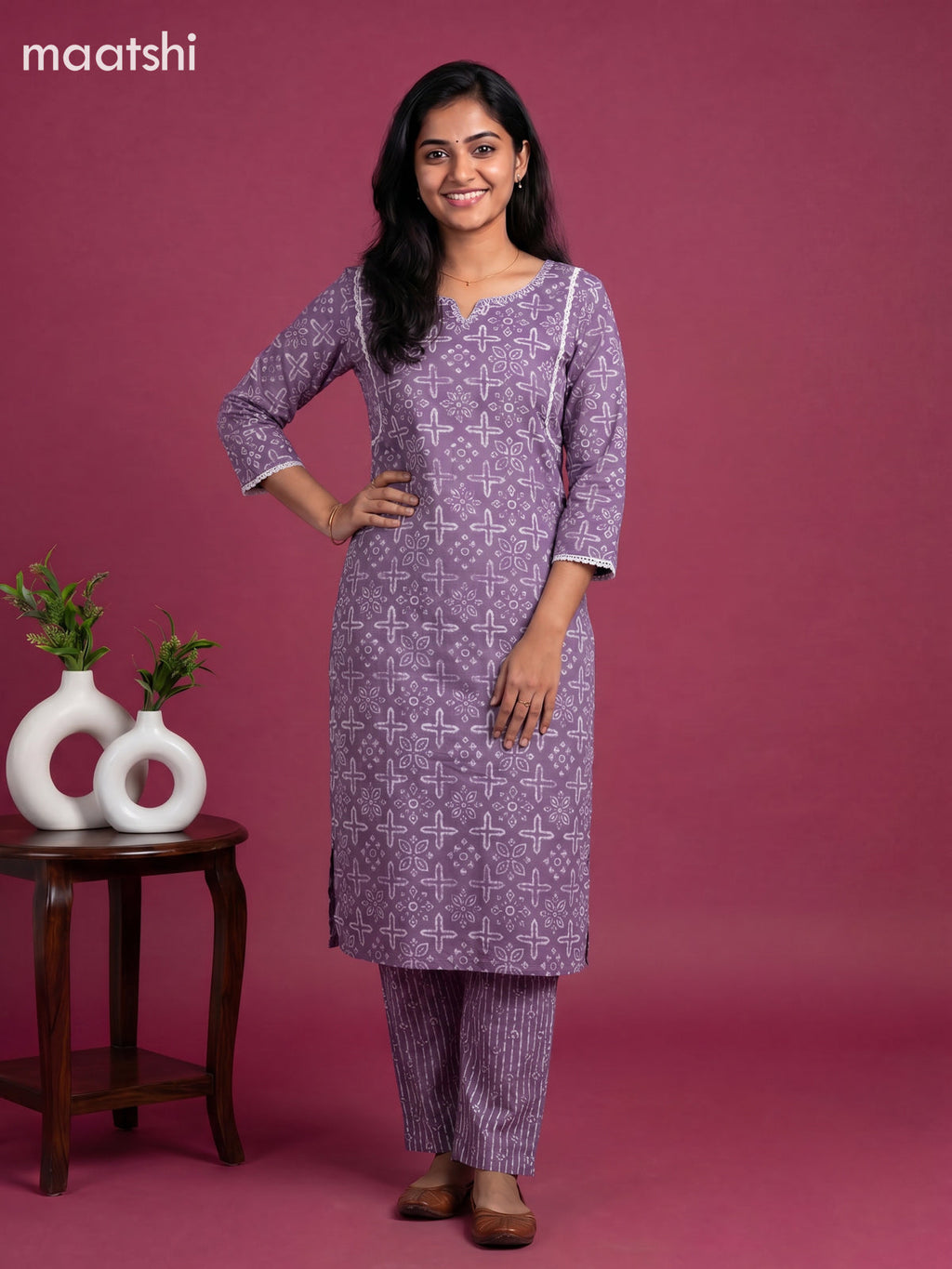 Lavender and Off White Cotton Printed Straight Suit