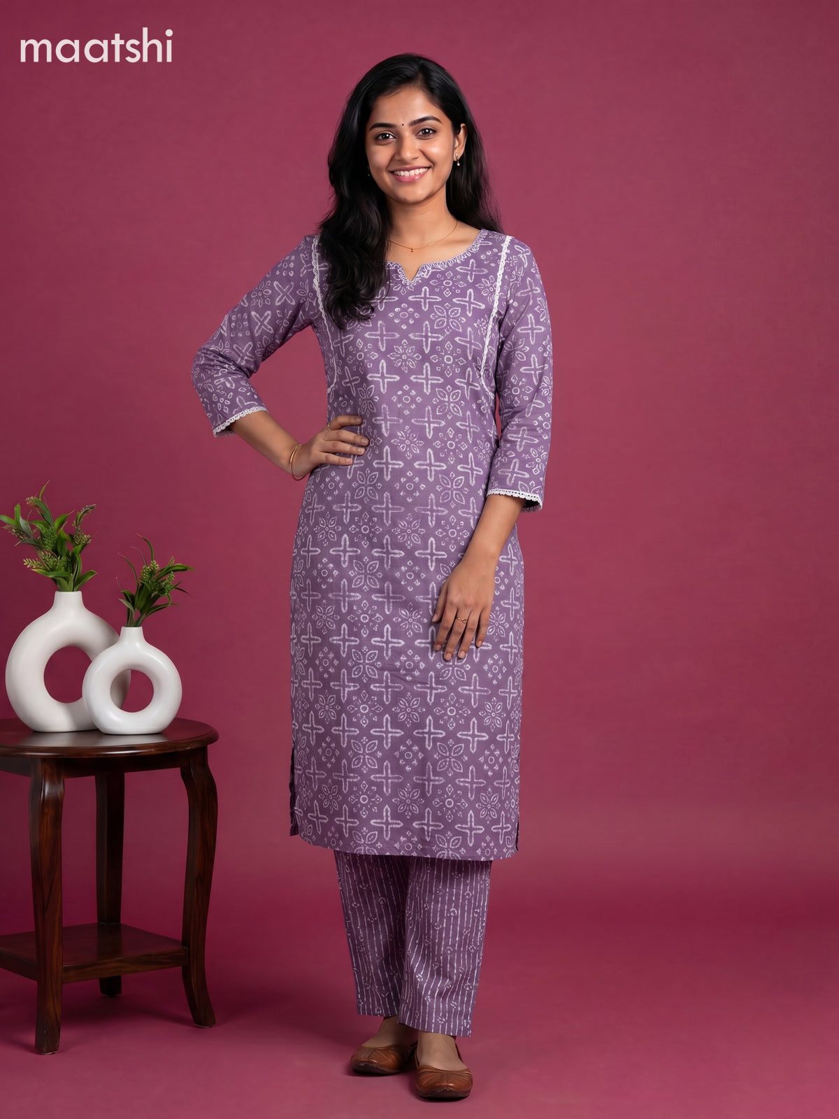 Lavender and Off White Cotton Printed Straight Suit