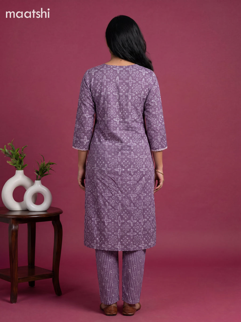 Lavender and Off White Cotton Printed Straight Suit