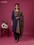 Dark Blue Cotton Printed Straight Suit