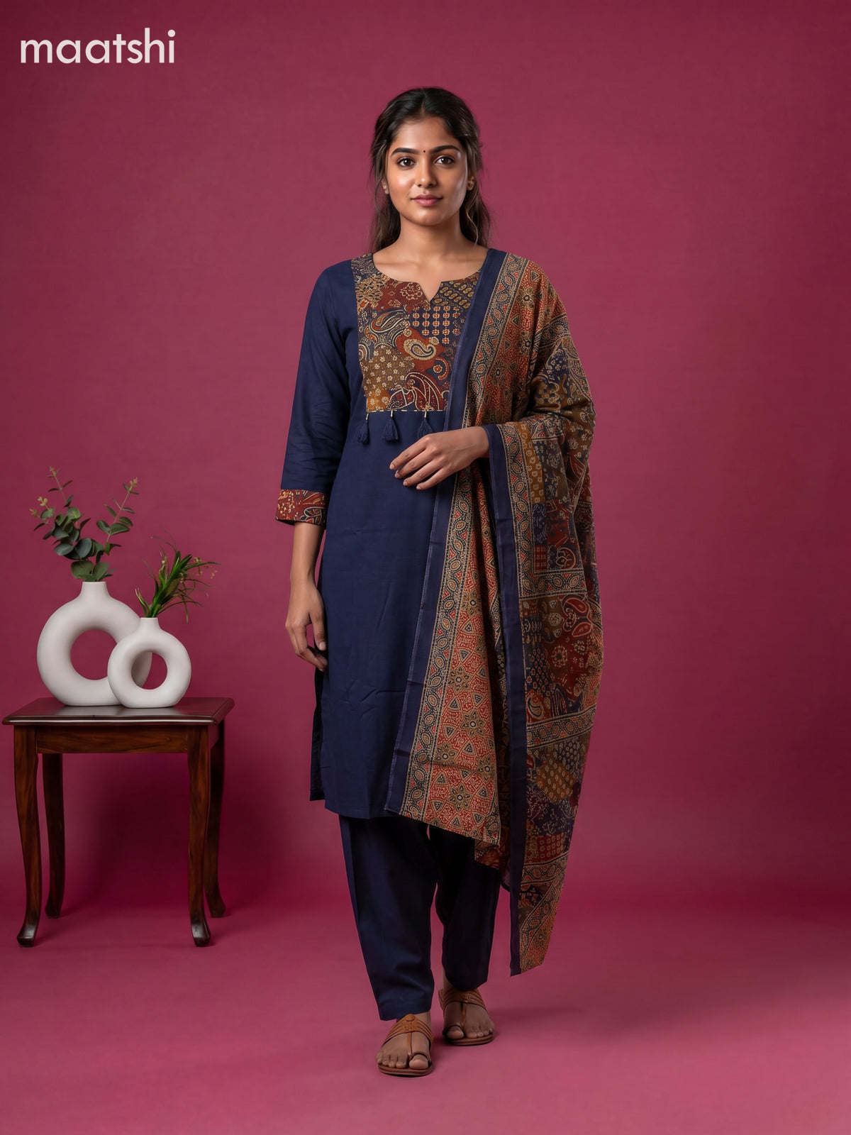 Dark Blue Cotton Printed Straight Suit