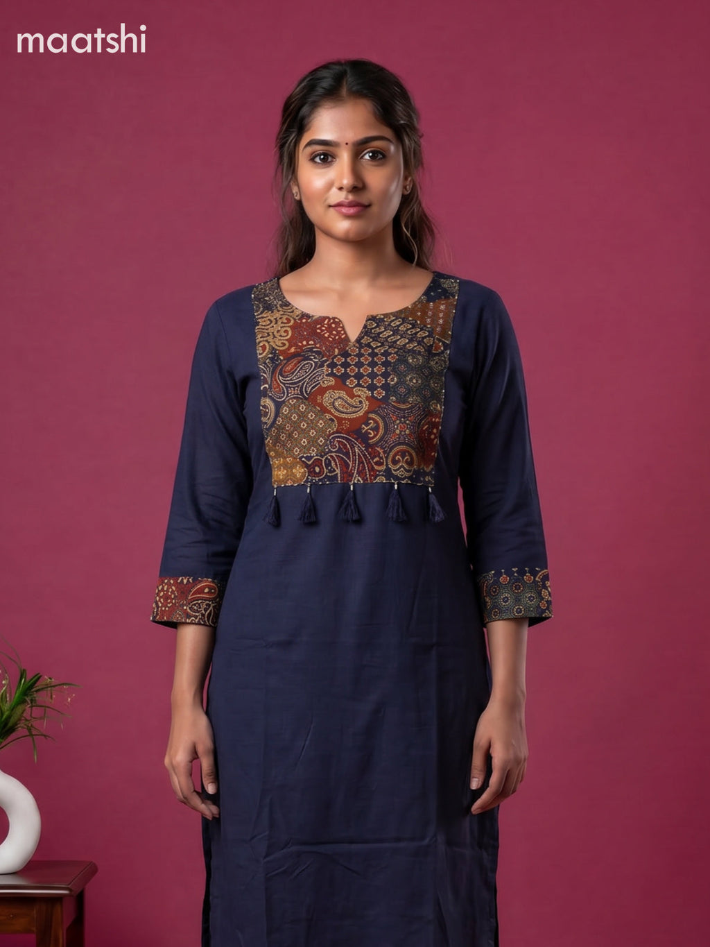 Dark Blue Cotton Printed Straight Suit