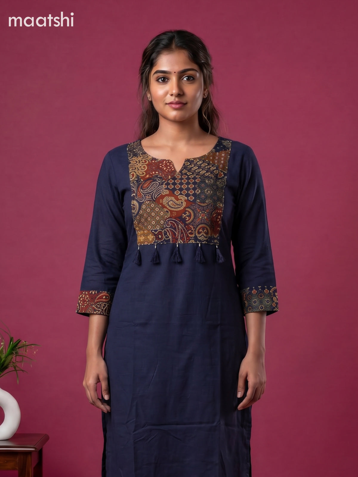 Dark Blue Cotton Printed Straight Suit