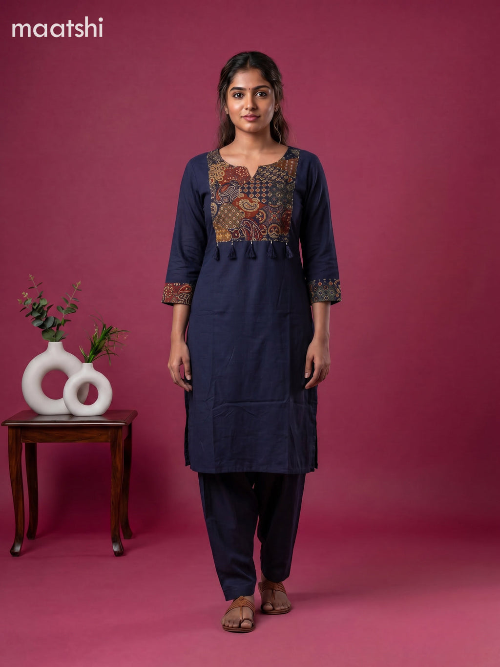 Dark Blue Cotton Printed Straight Suit