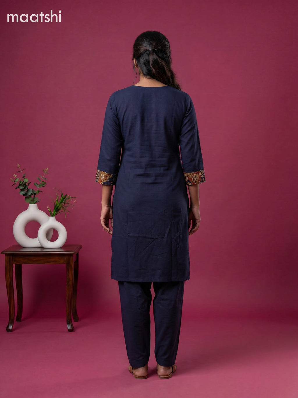 Dark Blue Cotton Printed Straight Suit