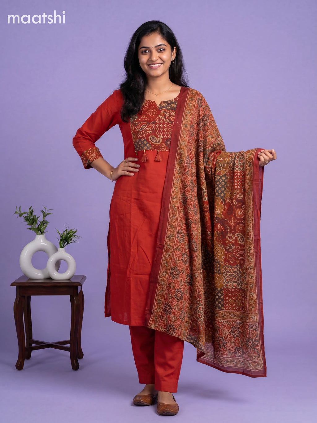 Rust Orange Cotton Printed Straight Suit