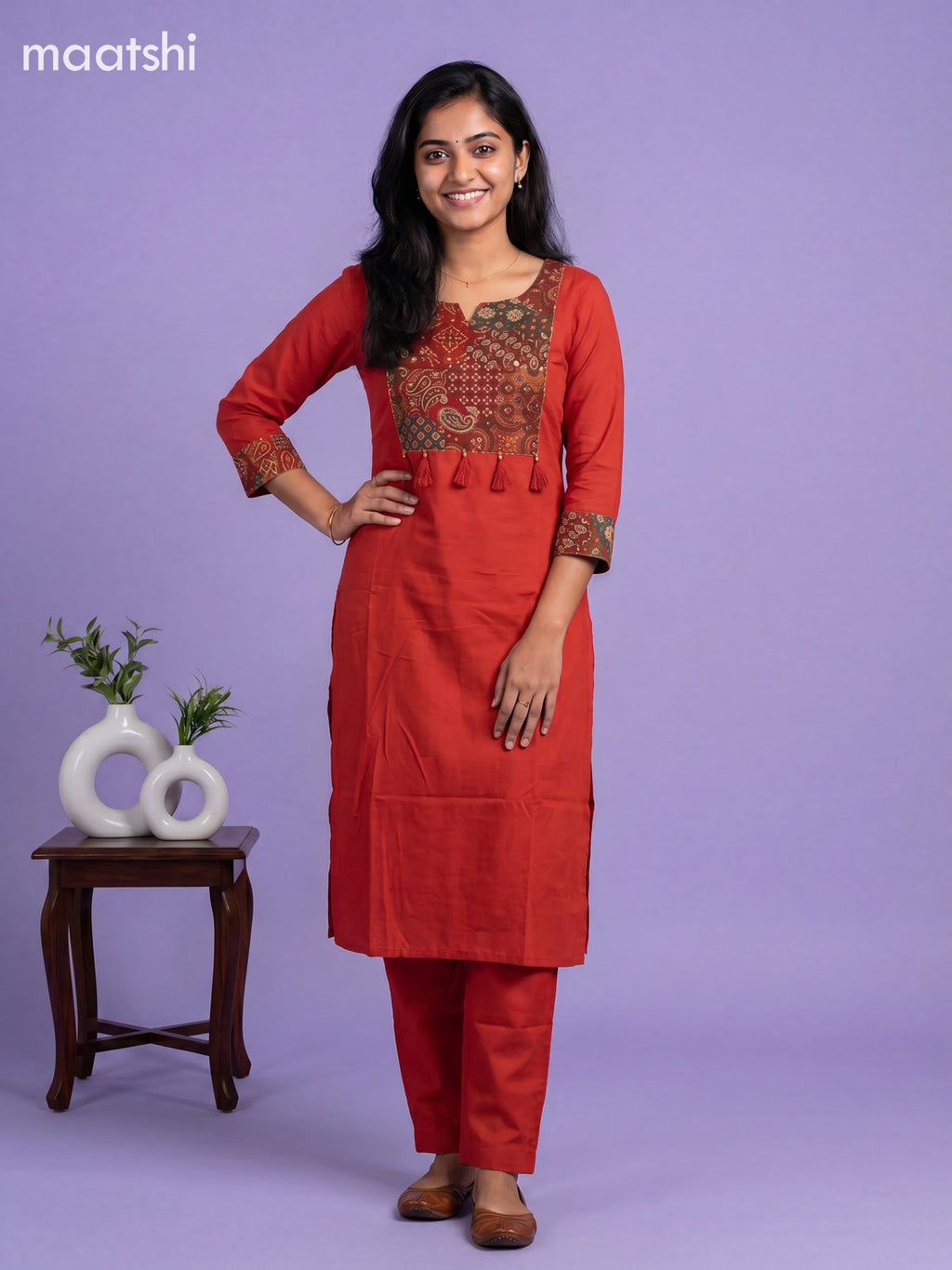 Rust Orange Cotton Printed Straight Suit