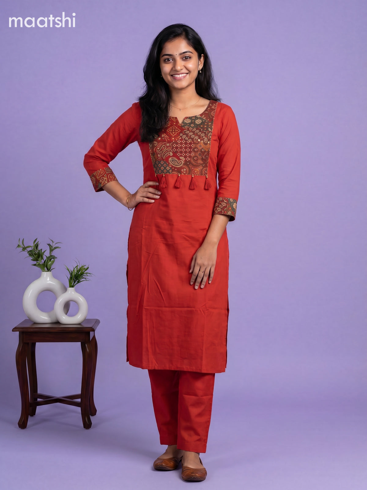 Rust Orange Cotton Printed Straight Suit