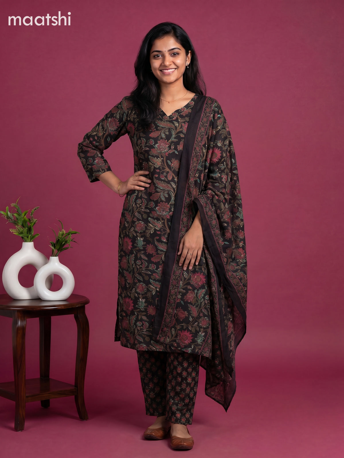 Black Cotton Floral Printed Straight Suit