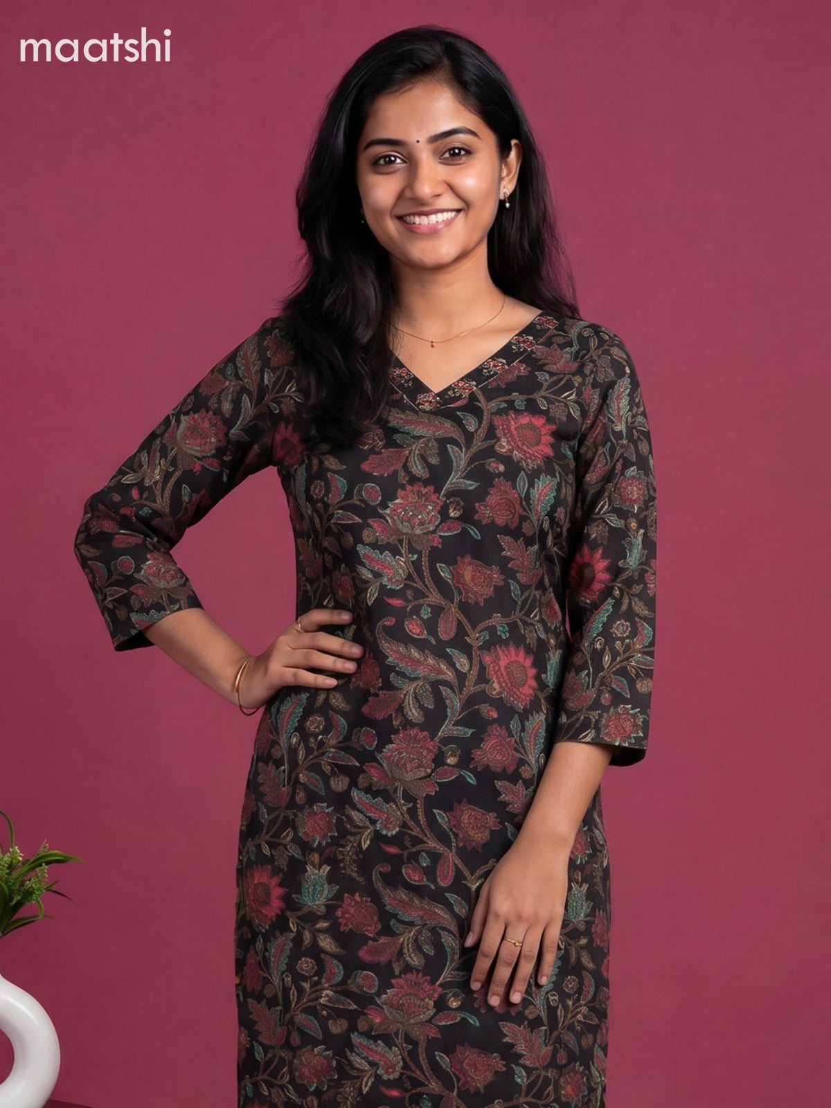 Black Cotton Floral Printed Straight Suit
