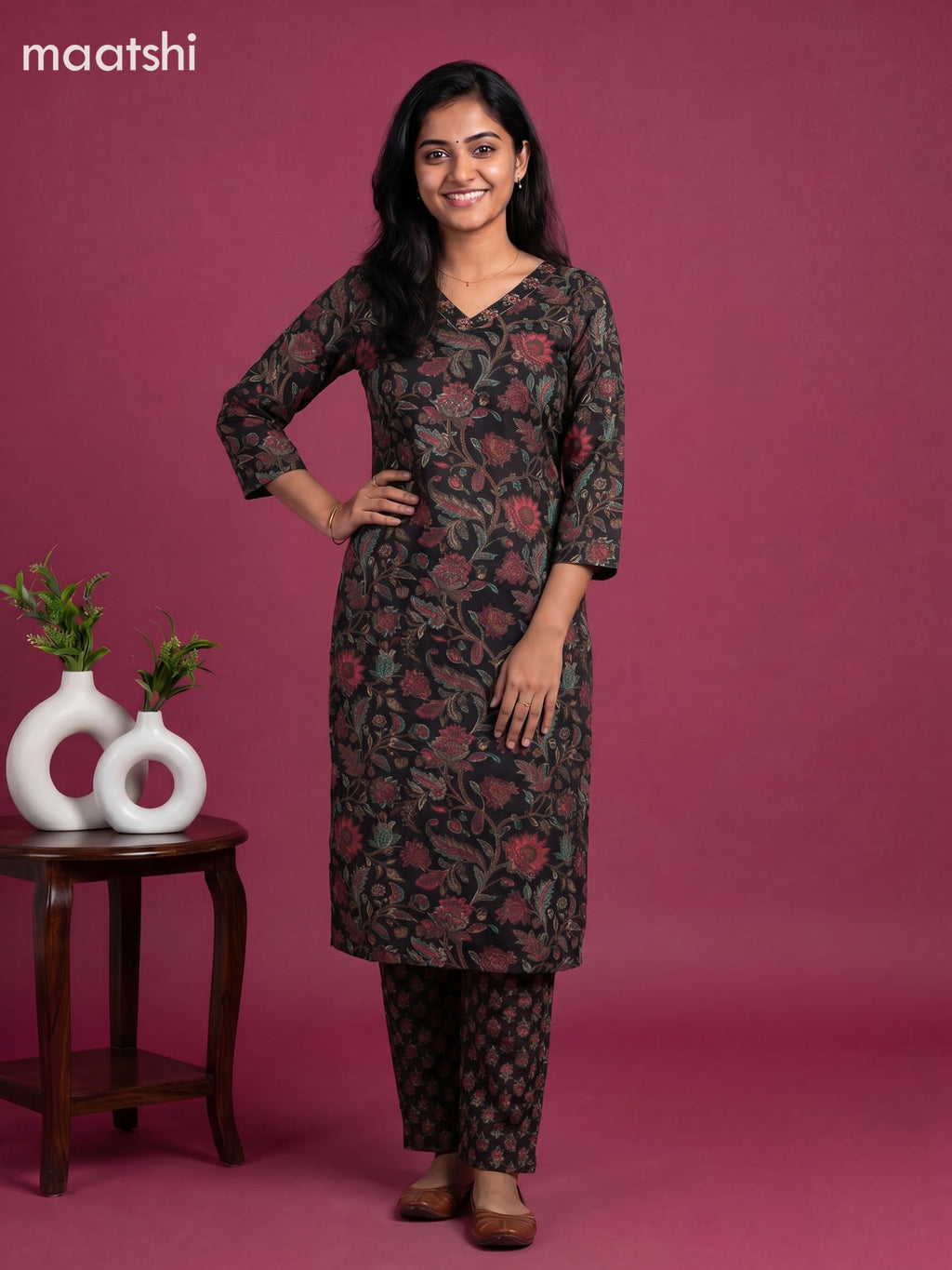 Black Cotton Floral Printed Straight Suit