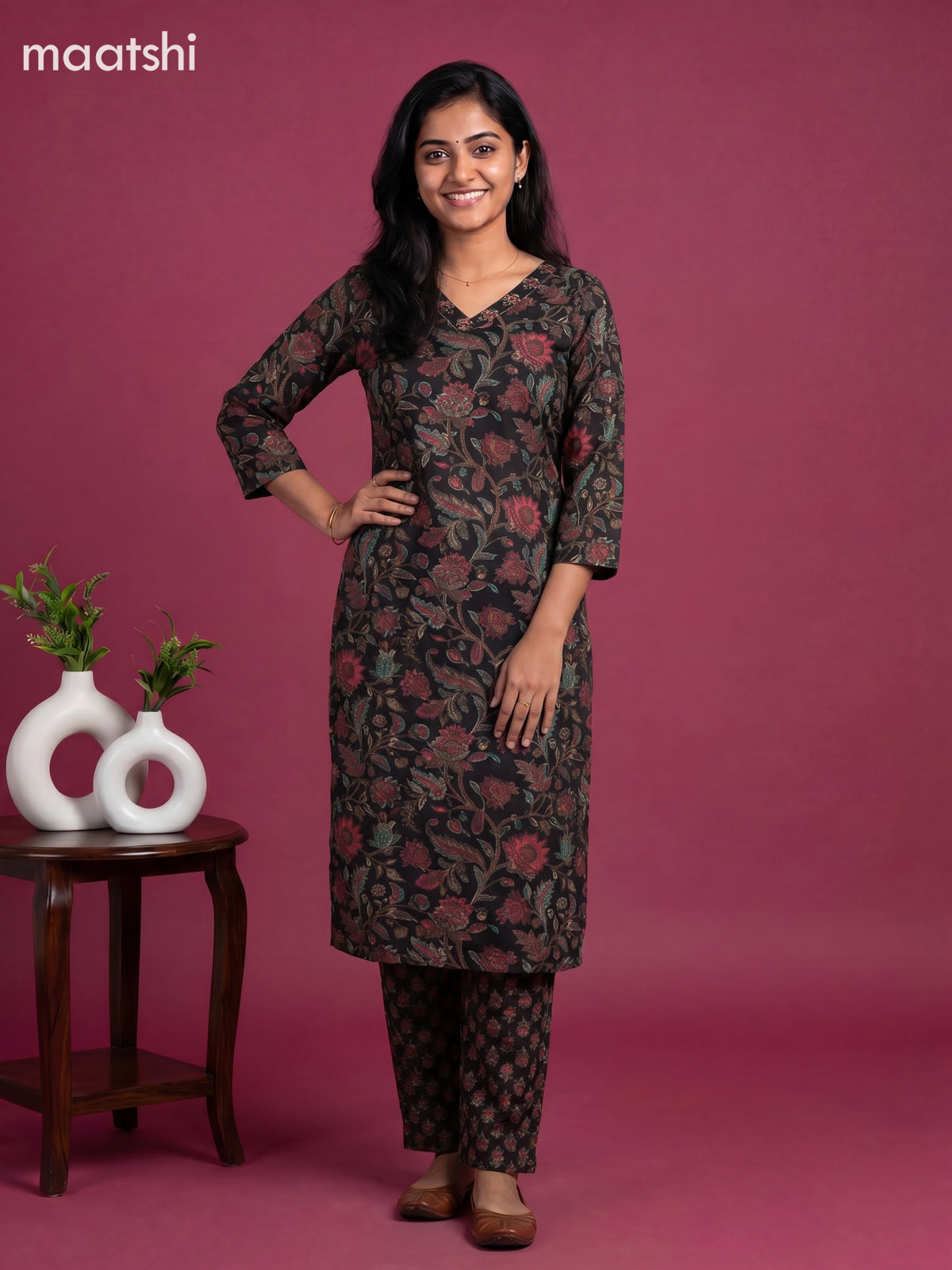 Black Cotton Floral Printed Straight Suit