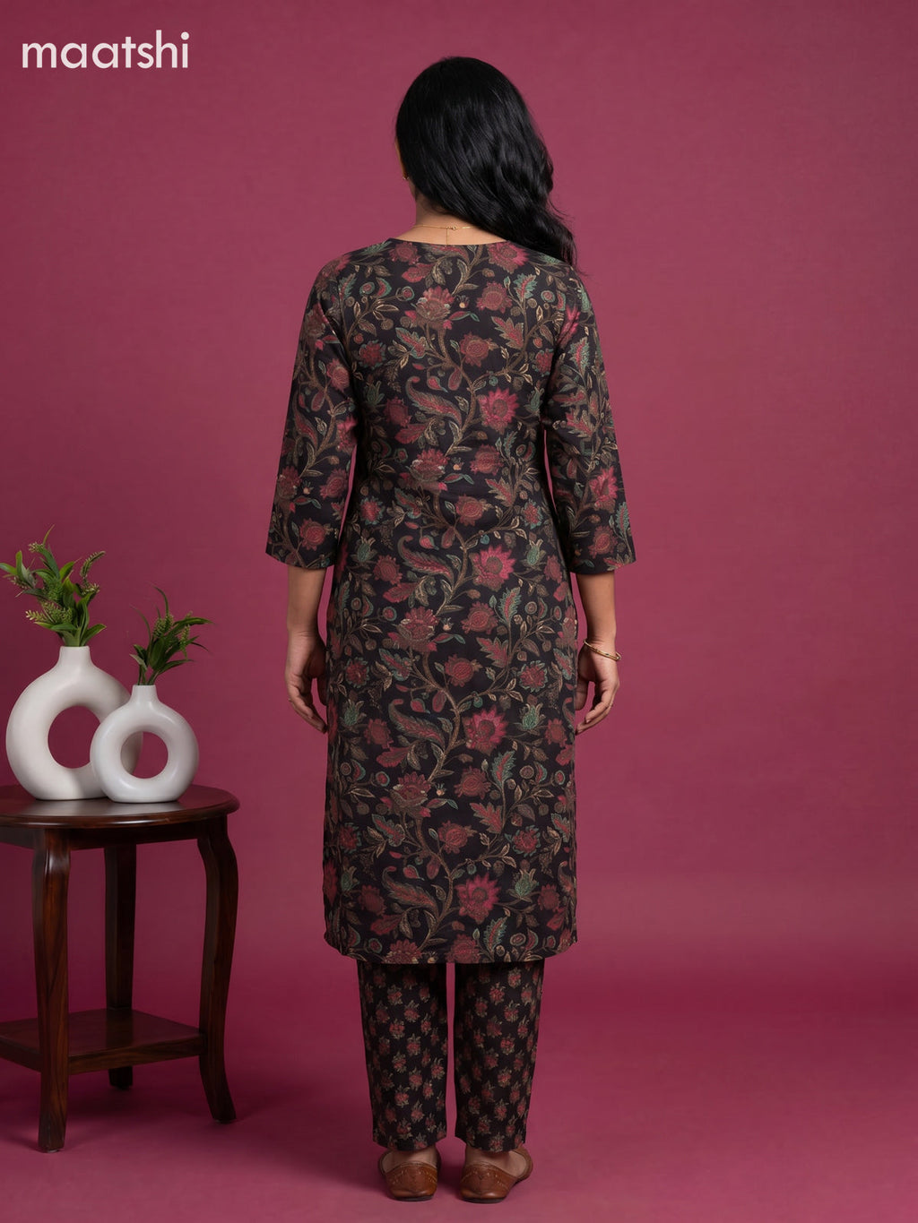 Black Cotton Floral Printed Straight Suit