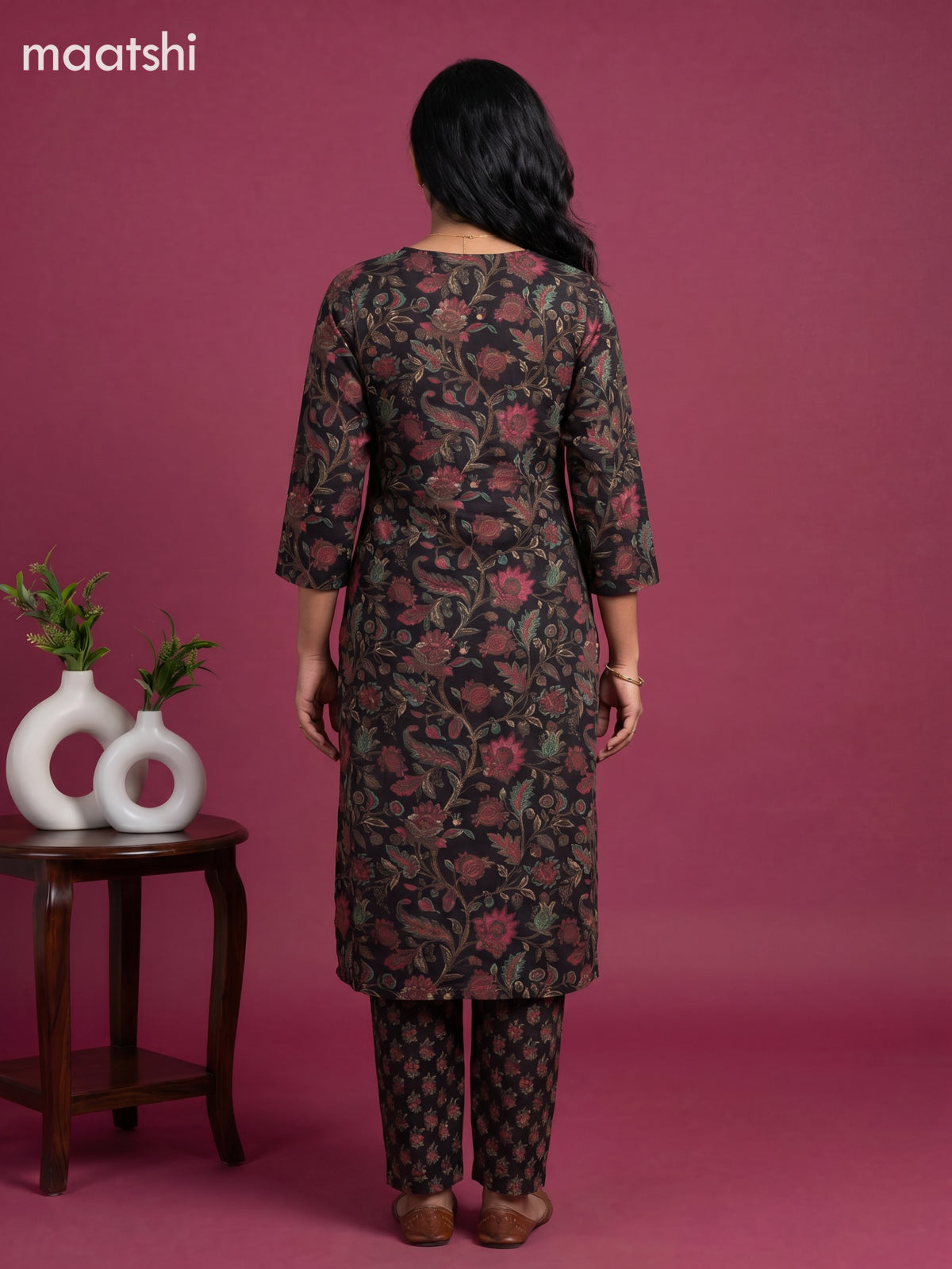 Black Cotton Floral Printed Straight Suit