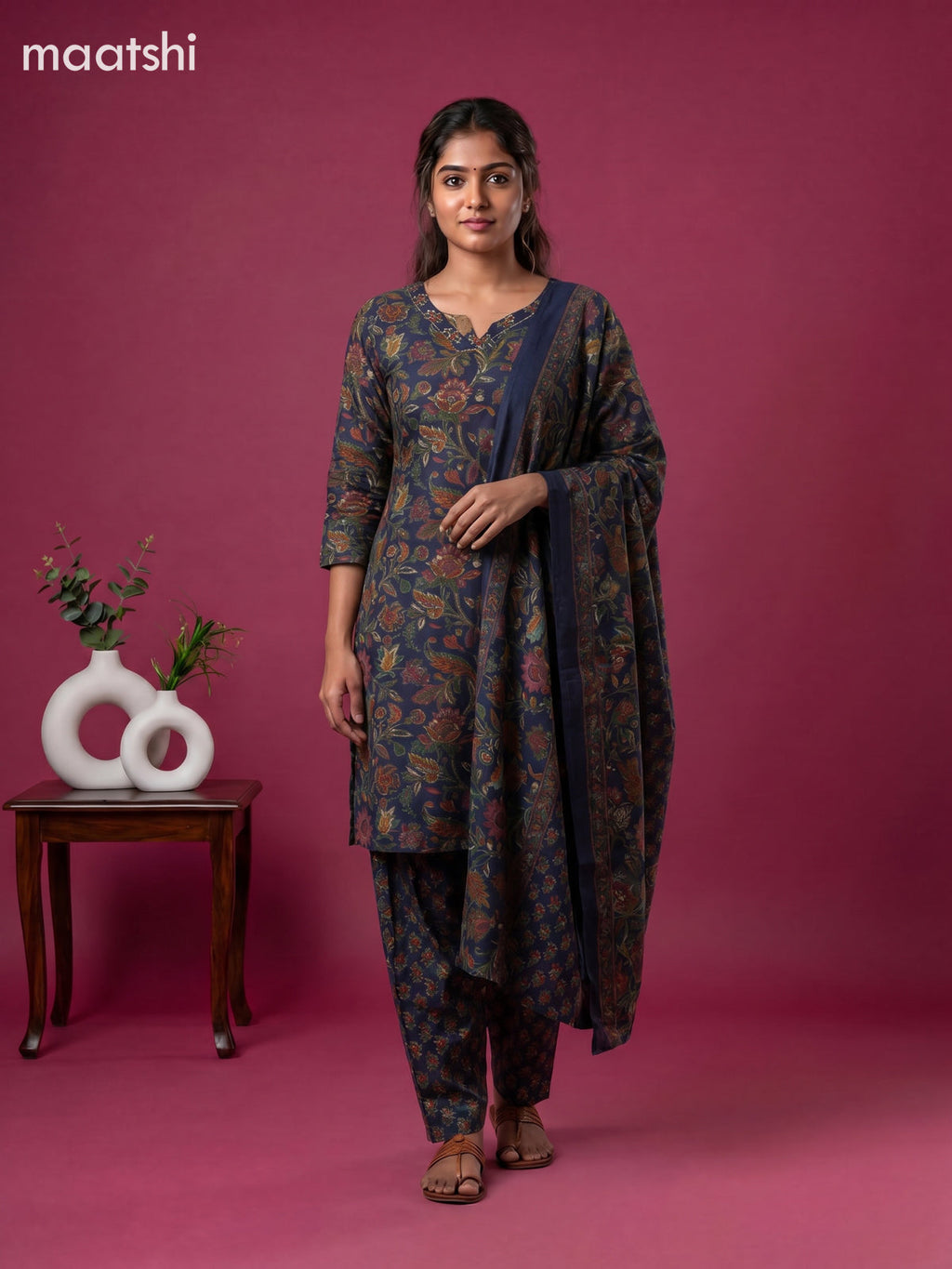 Blue Cotton Floral Printed Straight Suit