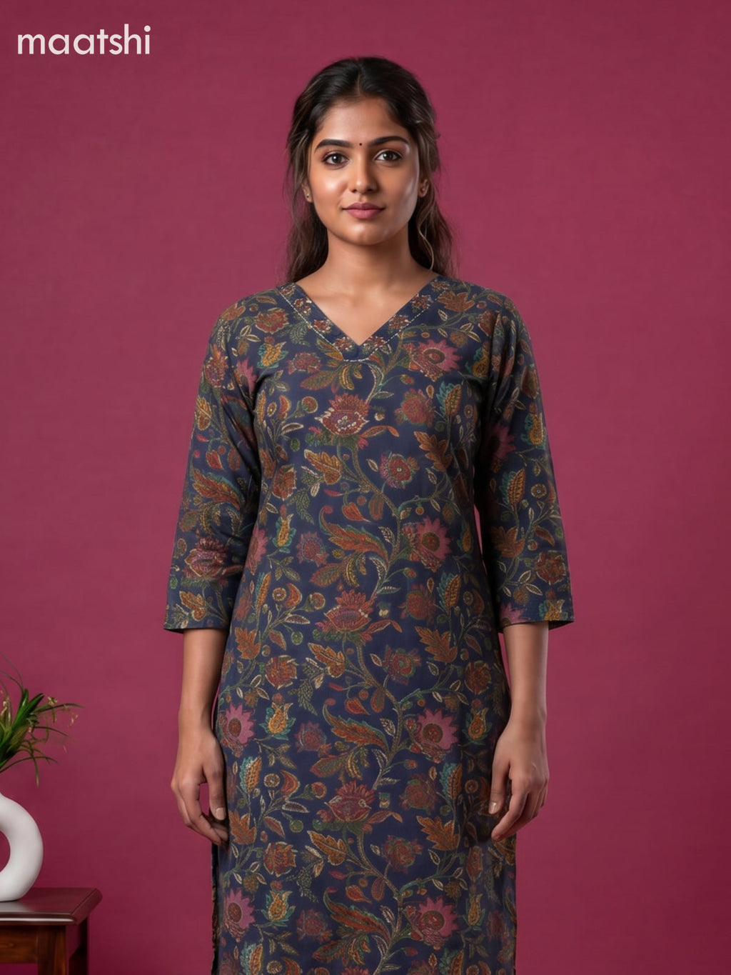 Blue Cotton Floral Printed Straight Suit