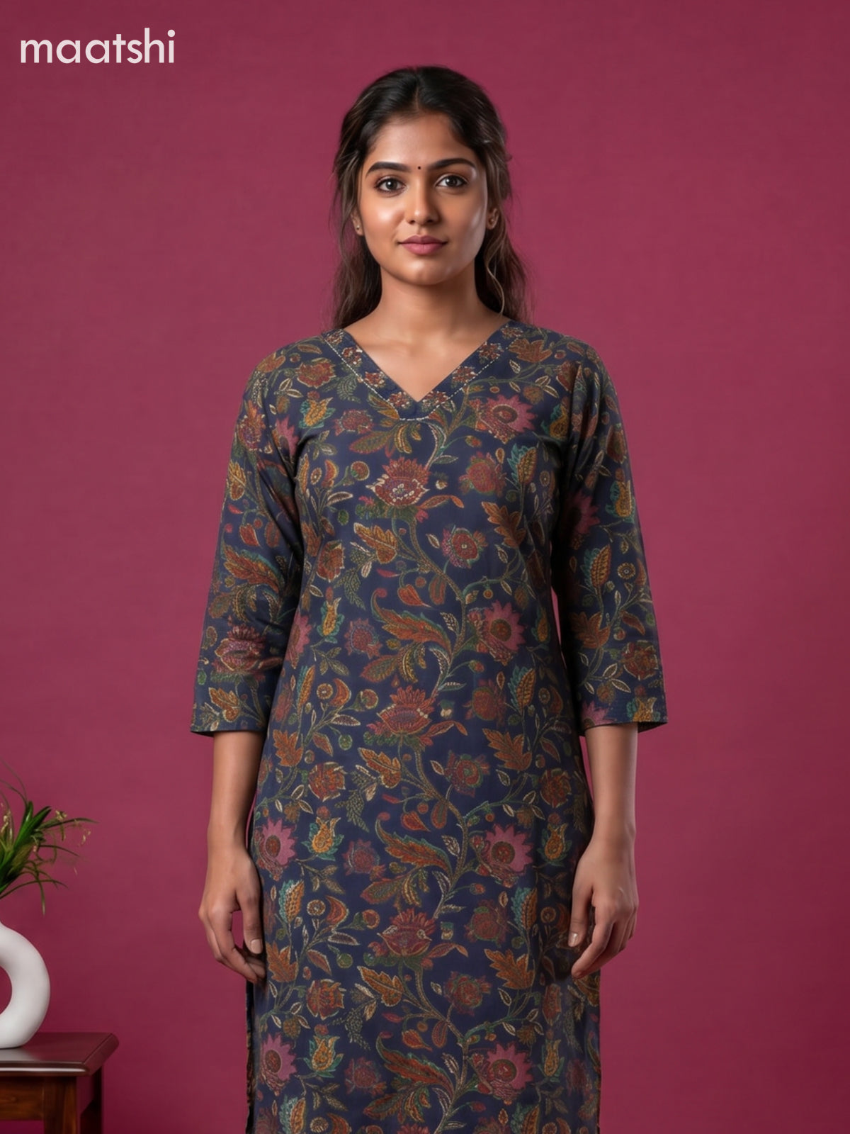Blue Cotton Floral Printed Straight Suit