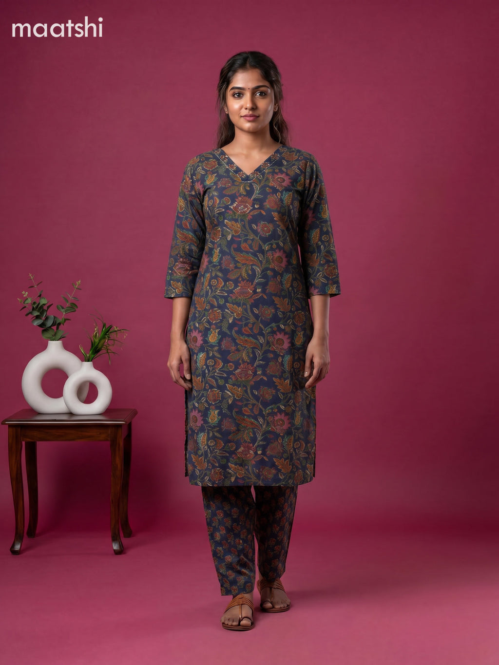 Blue Cotton Floral Printed Straight Suit