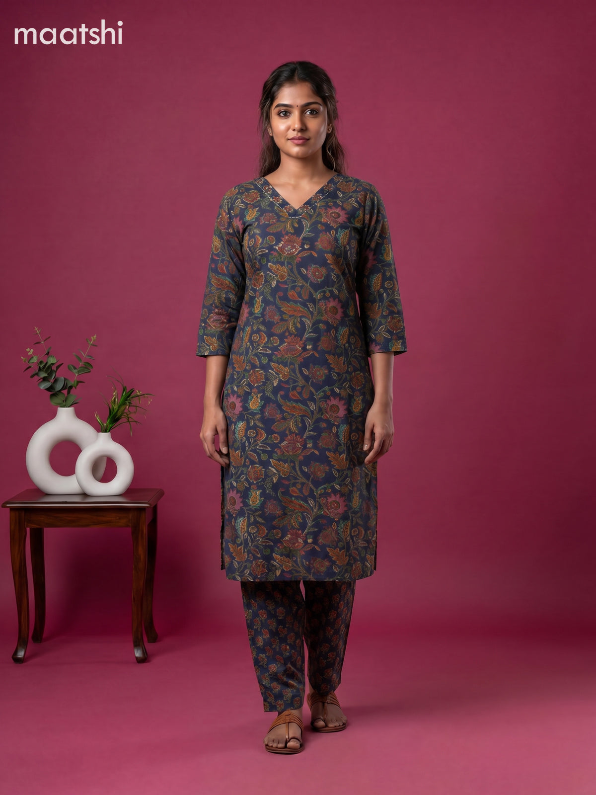 Blue Cotton Floral Printed Straight Suit