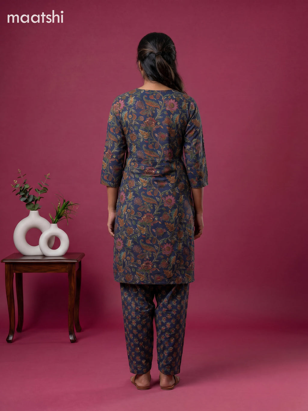 Blue Cotton Floral Printed Straight Suit