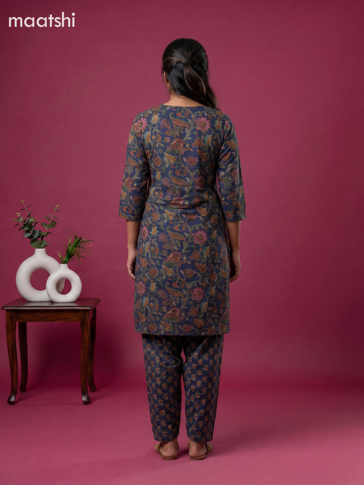 Blue Cotton Floral Printed Straight Suit