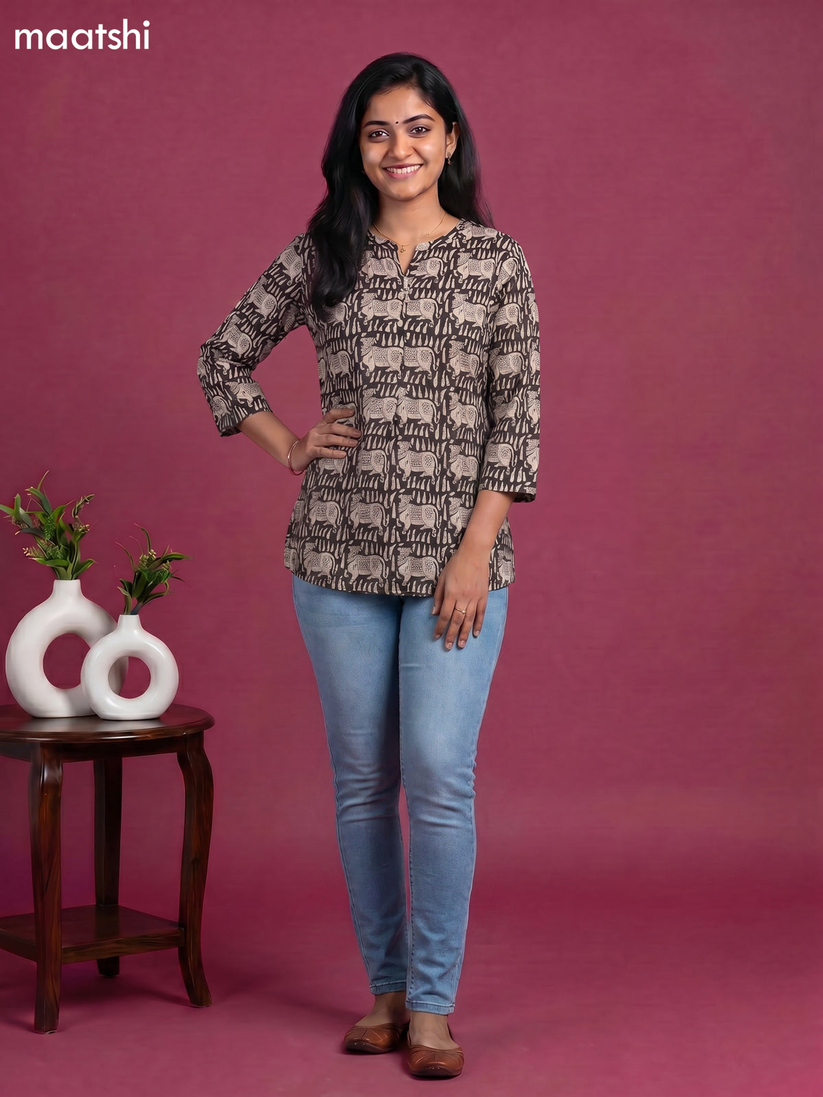 Black Cotton Pichwi Printed Short Kurti